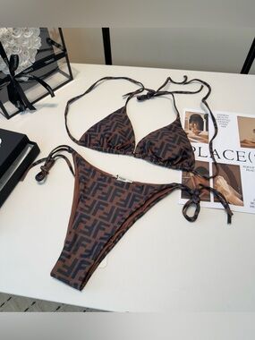Fendi Brown Logo Triangle Bikini with Dark Brown Monogram